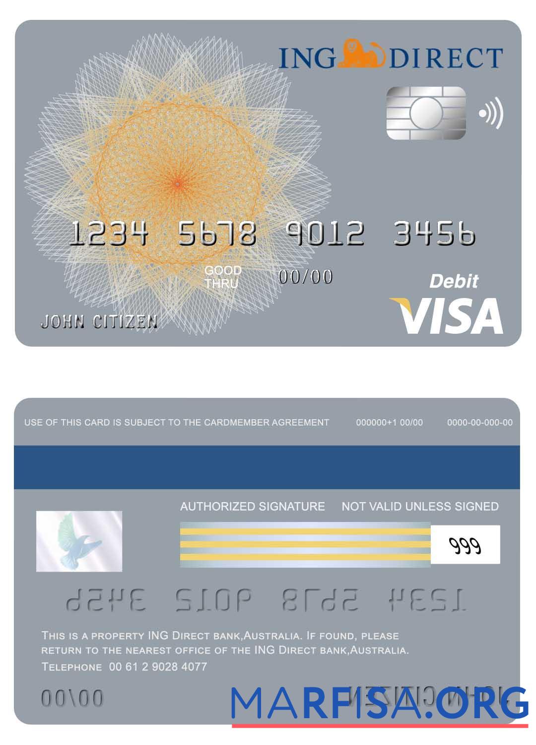 Printable Australia ING direct bank visa card template
